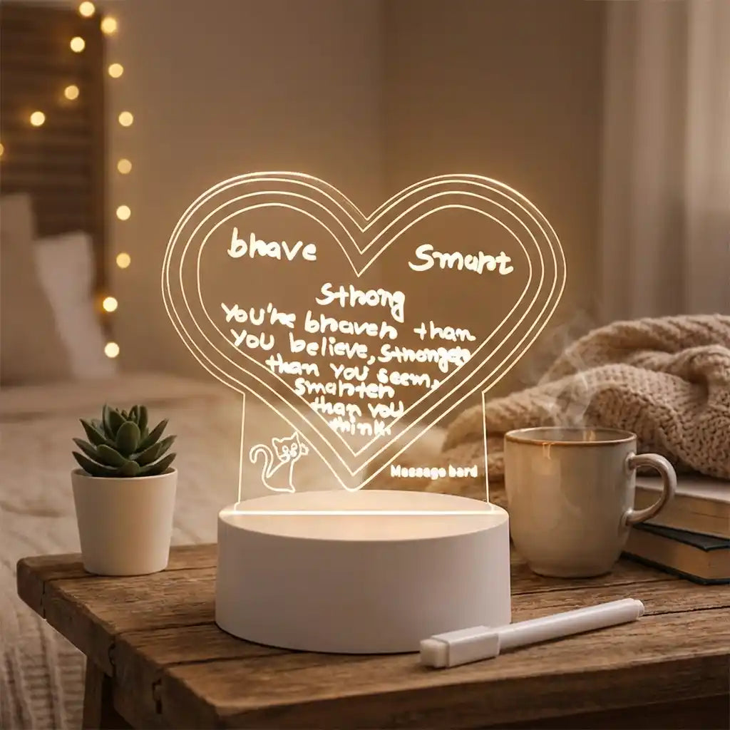 3D acrylic decorative lamp with glowing acrylic heart sign, white base, message bar