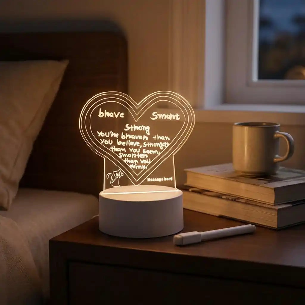 3D acrylic decorative lamp with glowing heart message and white base, message bar