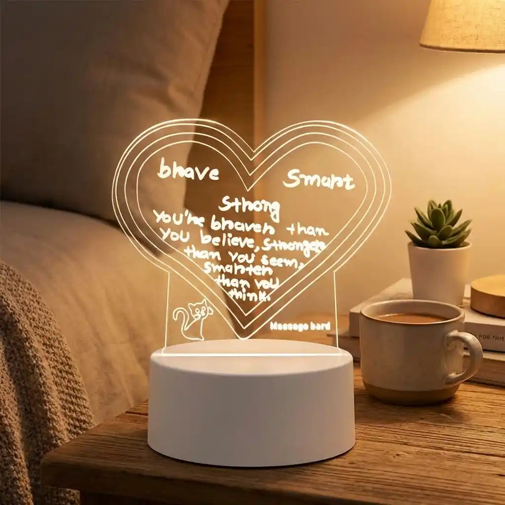 3D acrylic decorative lamp with glowing heart sign, white base, message bar