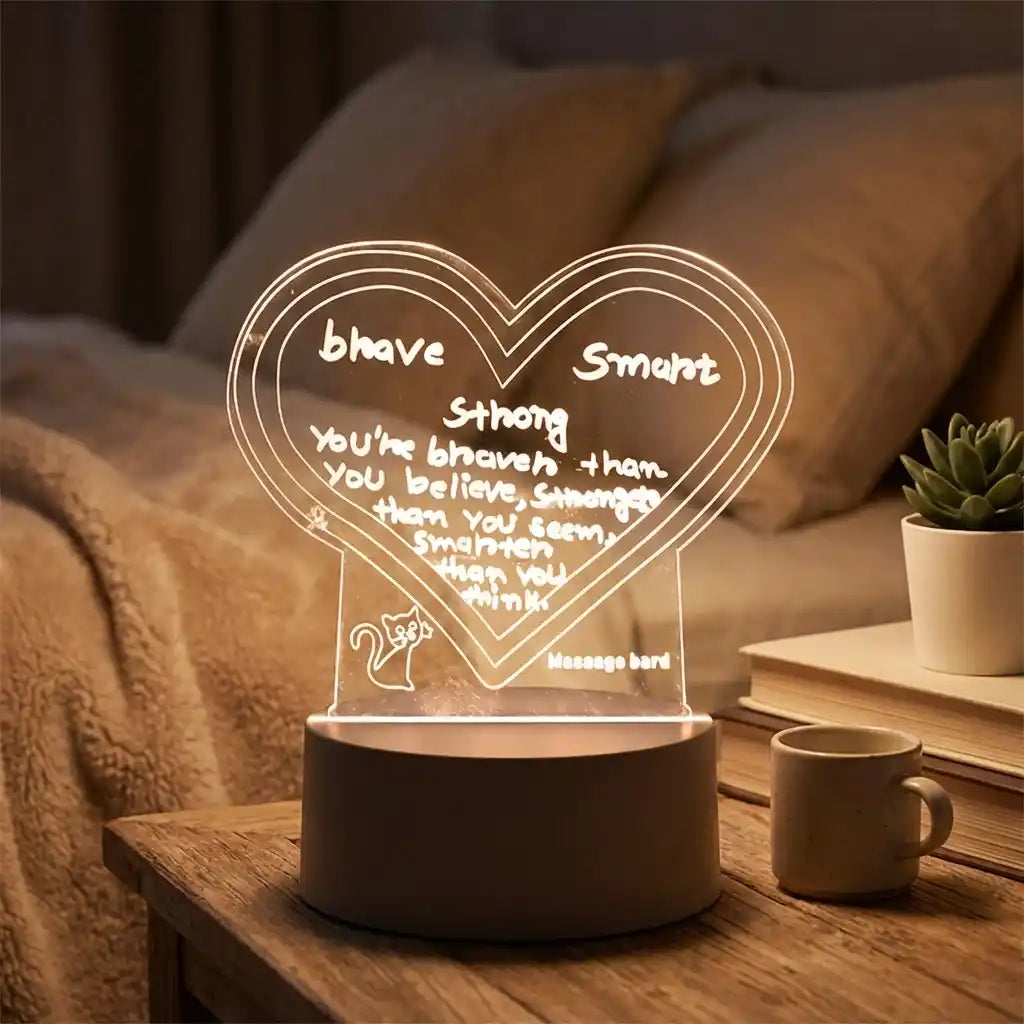3D acrylic decorative lamp with glowing heart sign, white base and message bar