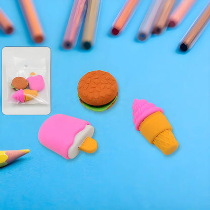3D dessert eraser set with burger, ice cream cone, and round patty erasers