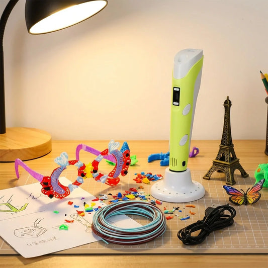 3D printing pen with display, green and white body, with power cable
