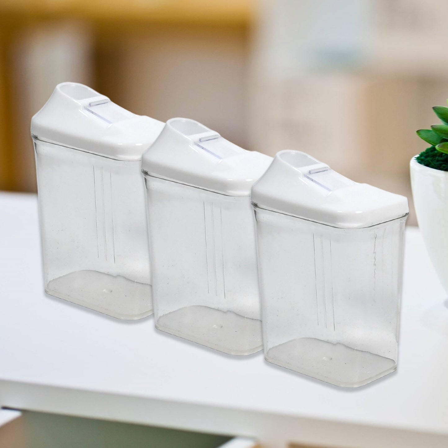 Kitchen storage jar set, 3 clear rectangle jars with white swing-top lids