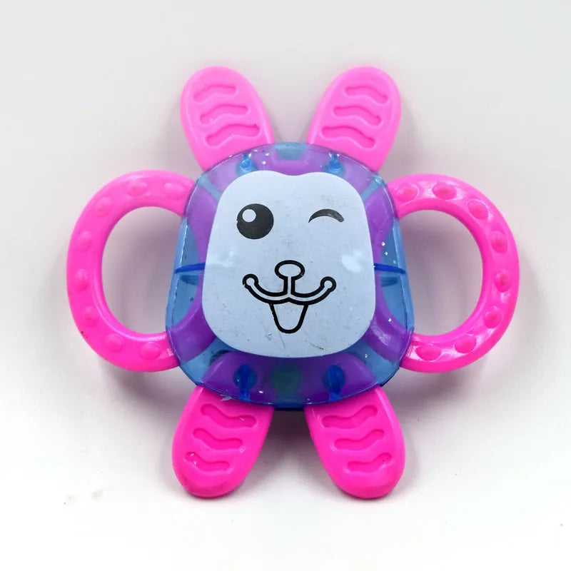 3-piece baby rattle toy set, pink and purple bear-faced ring handles