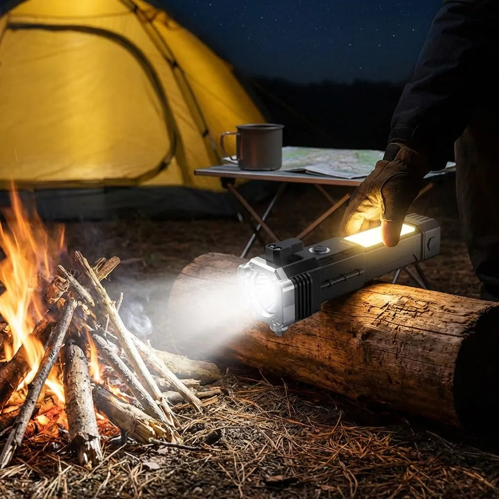 Rechargeable torch shining while camping beside firewood and tent.