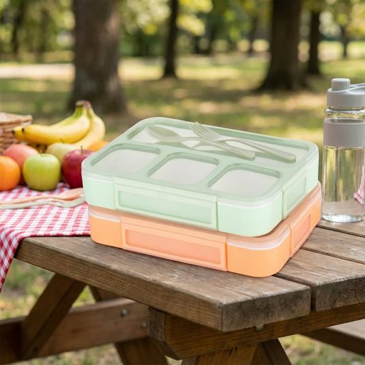 4-compartment leak-proof lunch box, mint lid and orange base.