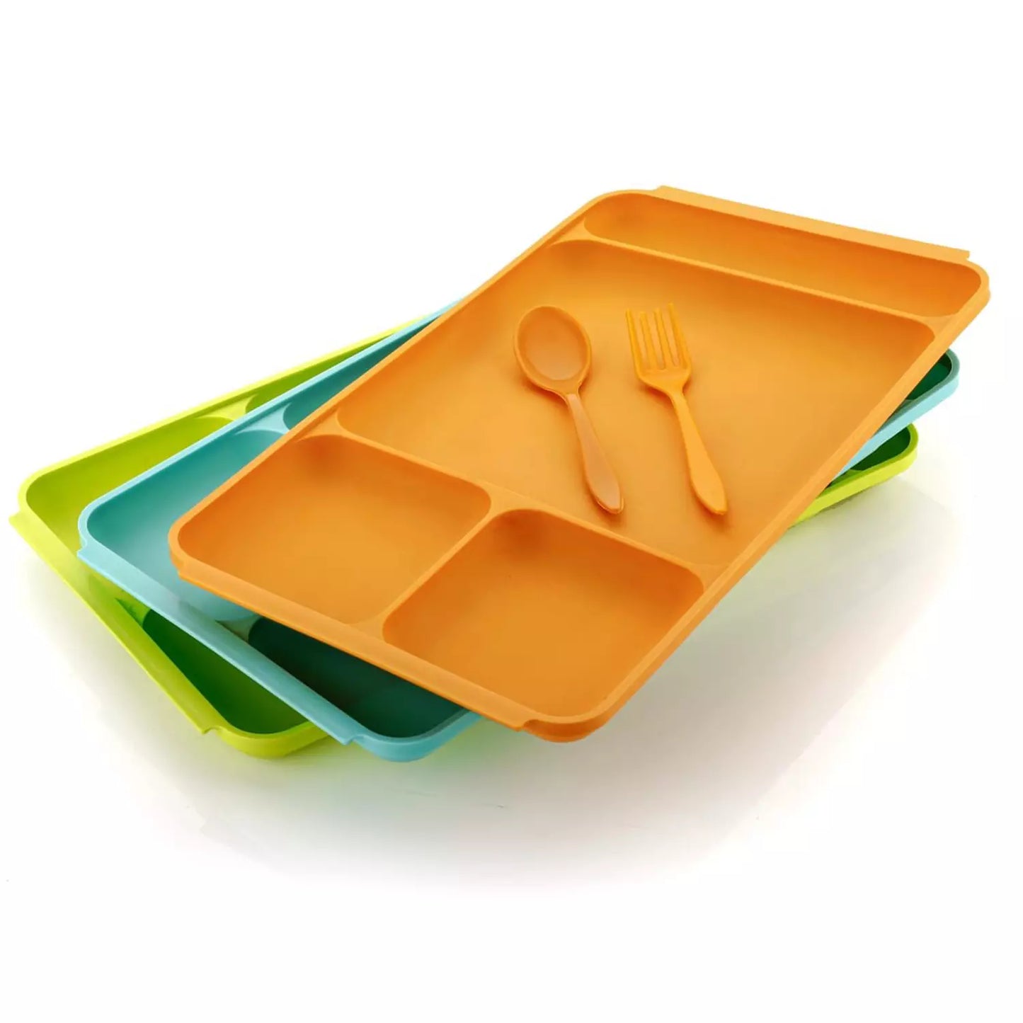 4-compartment plastic plate set with orange plate and fork and spoon detail