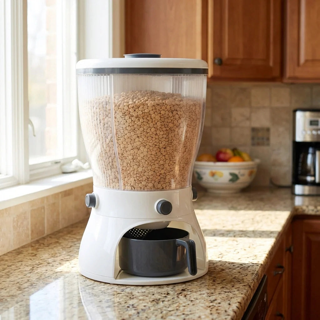 4-in-1 grain dispenser container with clear hopper and white base