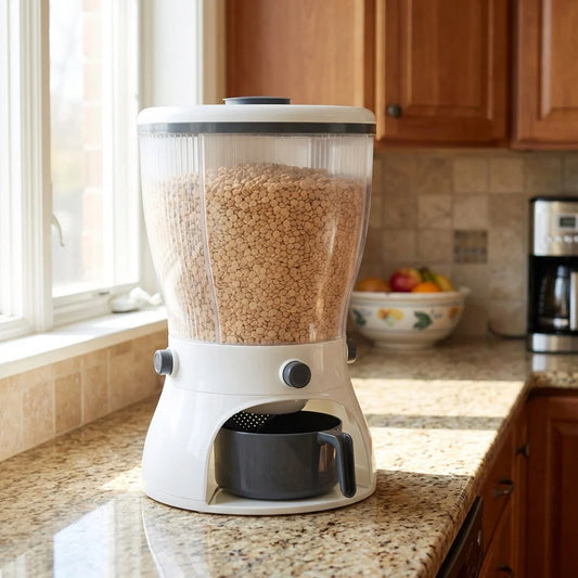 4-in-1 grain dispenser container with clear hopper and white base