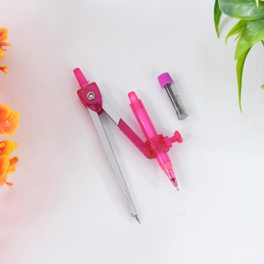 Student compass set with pink plastic clip arm and metal point legs