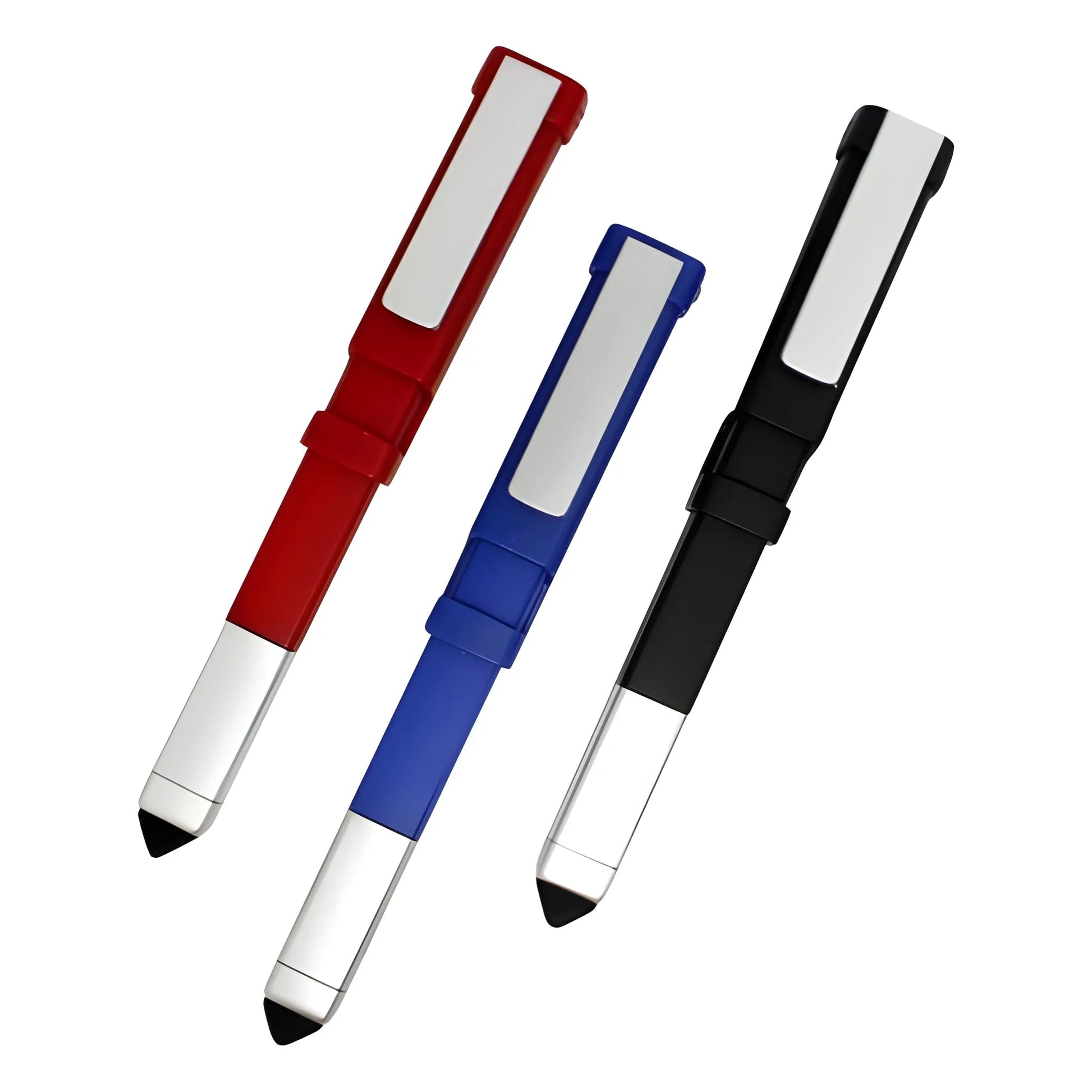 4-in-1 tech tool pen set: red, blue, and black click-style stylus with chisel tips