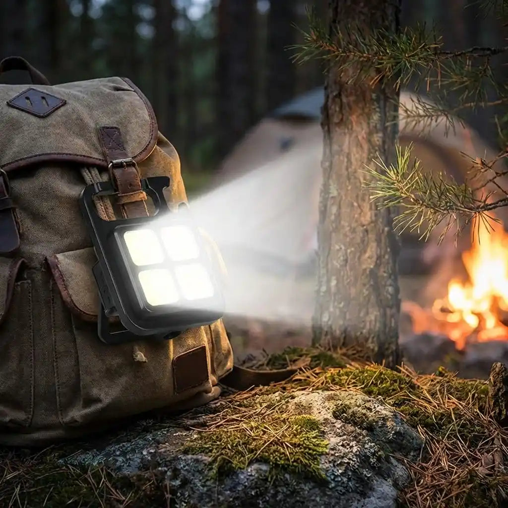 Mini keychain light with 4 LEDs, backpack-strap mounted