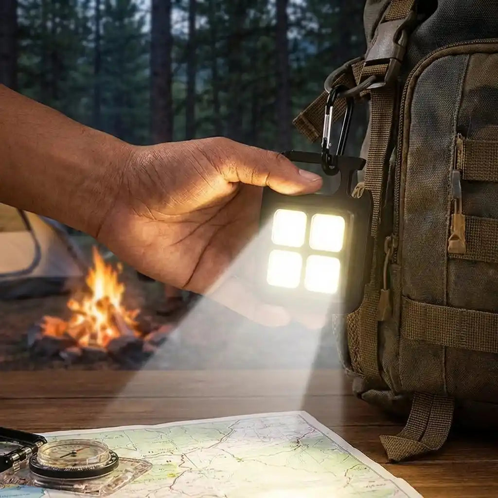 4-LED mini keychain light held in hand, square glow