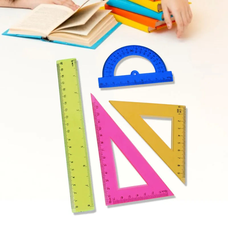Geometry set with blue protractor, green ruler, and pink plus yellow triangle rulers
