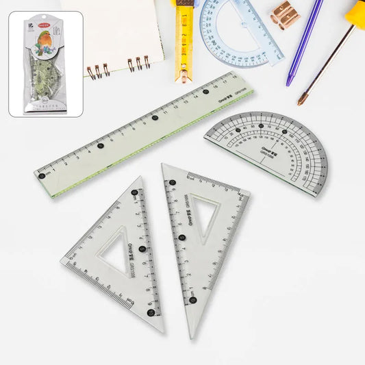 Geometry set with transparent rulers, triangular set and semi-circular protractor