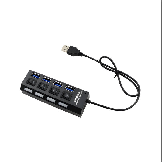 Black 4-port USB hub with four USB-A ports and built-in power switch