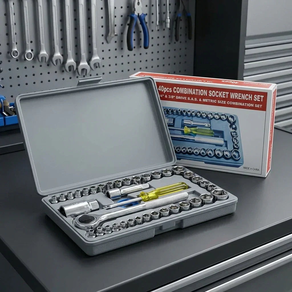 Socket wrench set in gray case with assorted metal sockets, 40-piece combo
