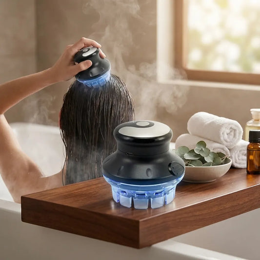 Cordless hair clipper with guard attachment on bathroom counter