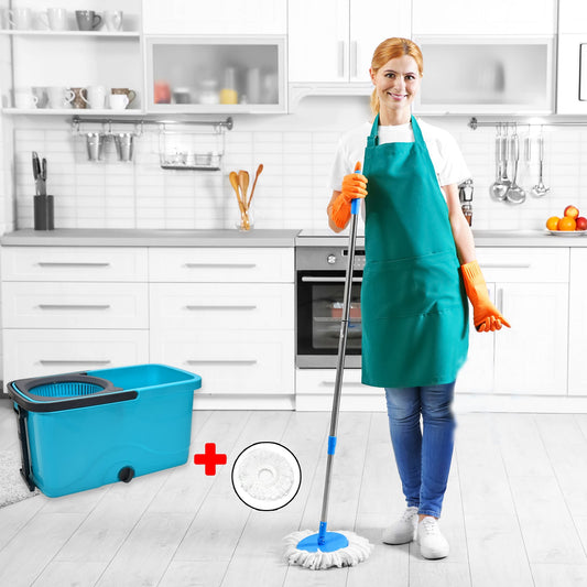 Spin mop bucket set with microfiber mop, adjustable handle, and blue plastic bucket with wheels