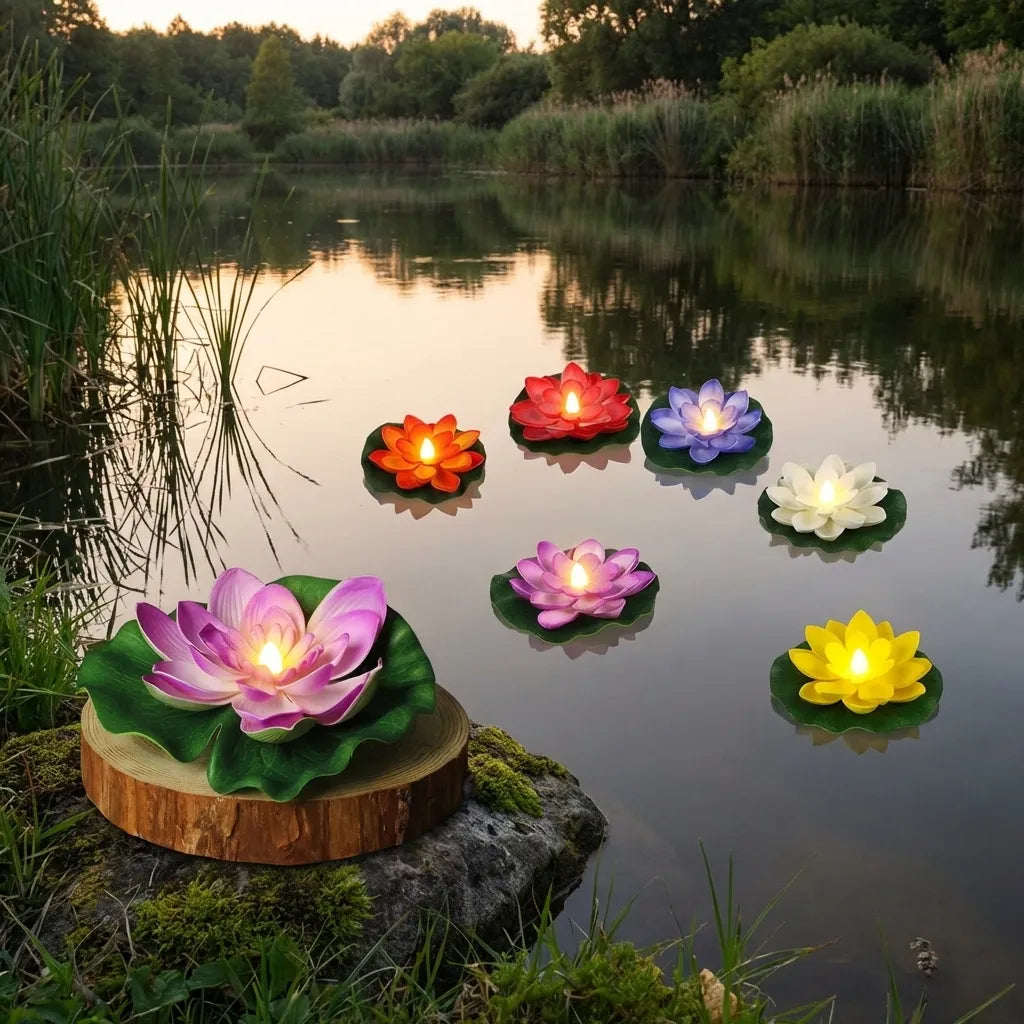 Floating lotus LED candles, warm glowing flower lights in red, purple, white, yellow