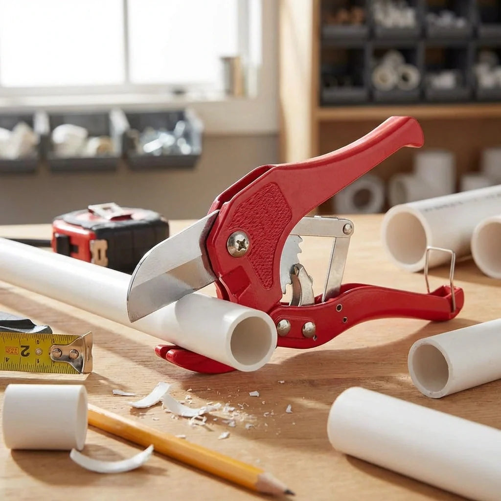 PVC pipe cutter tool with red handle cutting a white pipe on a workbench