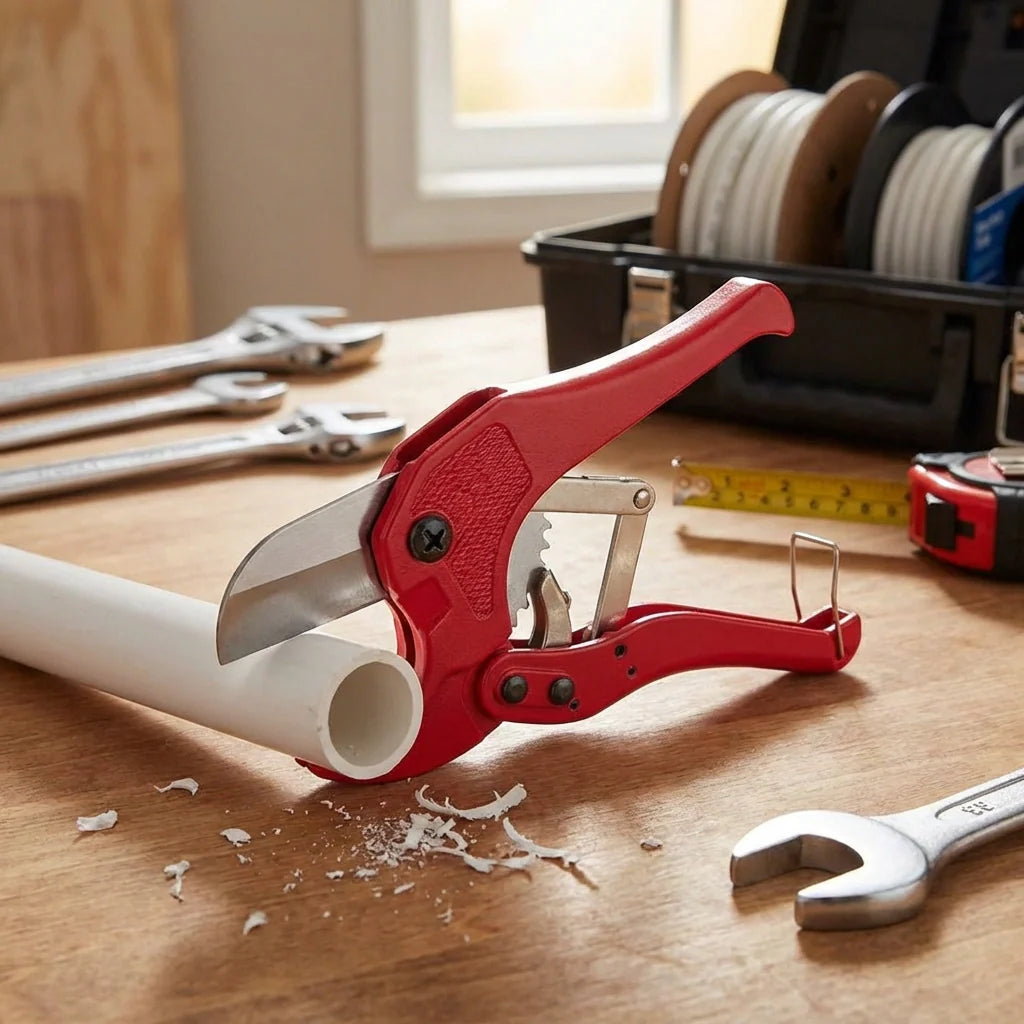 Red PVC pipe cutter tool with steel blade cutting a white pipe on a wooden surface