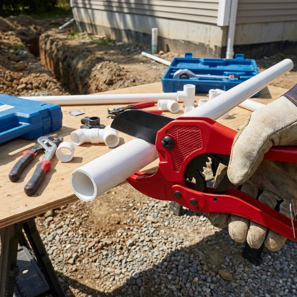 PVC pipe and tubing cutter with red handle cutting a white pipe outdoors