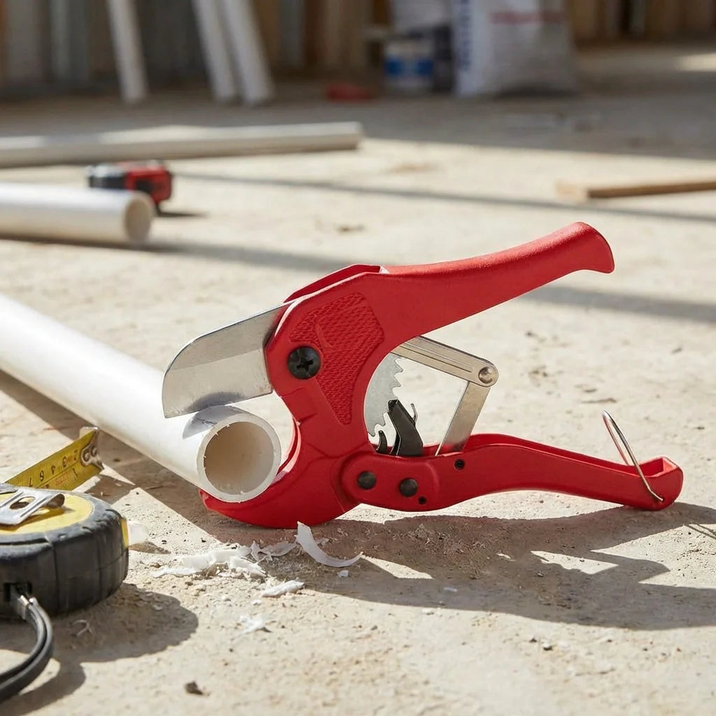 Red PVC pipe cutter with steel jaws trimming a white pipe on a concrete floor