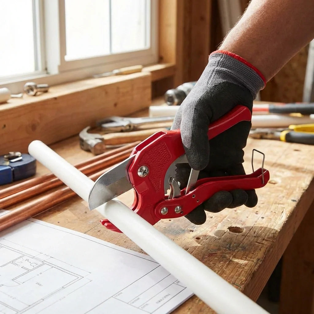 Handheld PVC pipe cutter with red handle and steel blade cutting a white pipe