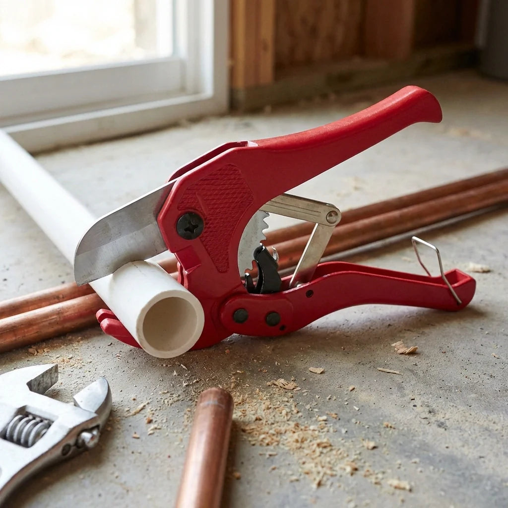Red PVC pipe cutter cutting tool with steel blade on white and copper pipes