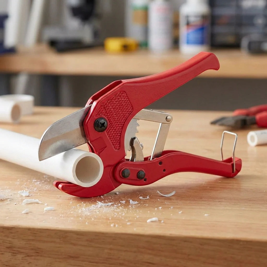 Red PVC pipe cutter with steel blade cutting a white pipe on a wooden table