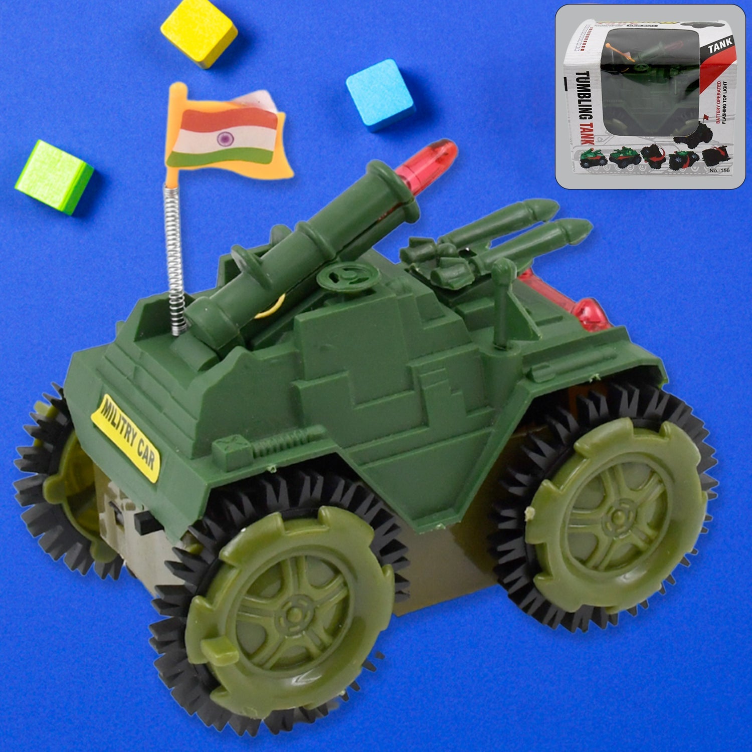 Green toy tank car with large tread wheels and rotating turret