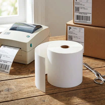Thermal shipping label rolls with blank white labels and barcode sheets