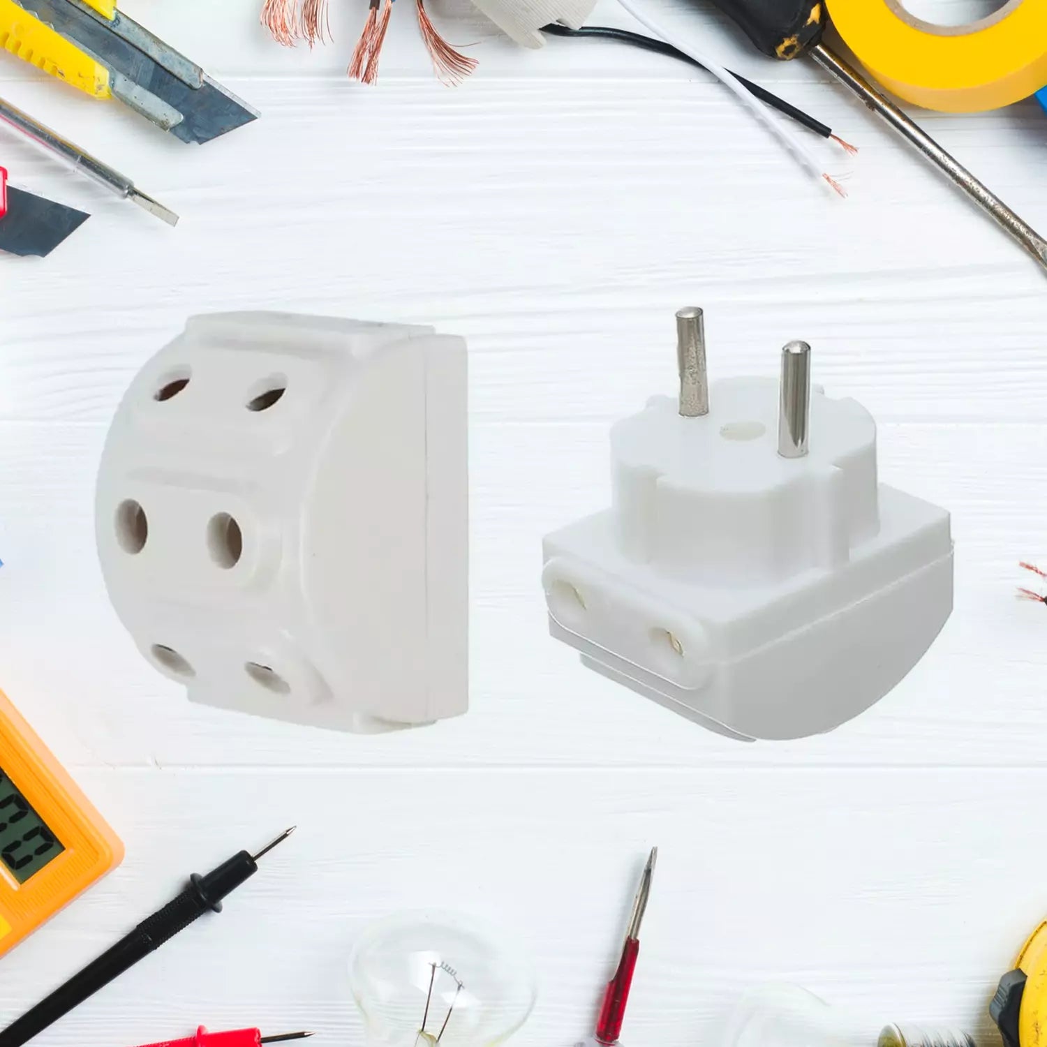 5-way 2-pin multi-plug adapter, white two-prong plug and socket