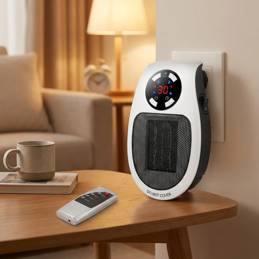 Portable space heater with digital display, front grille, white oval body