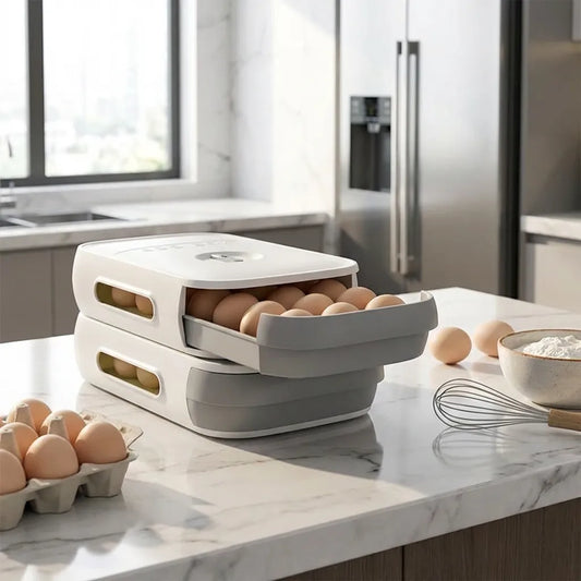 Grey plastic egg box with two stacked trays, open lids and brown eggs inside