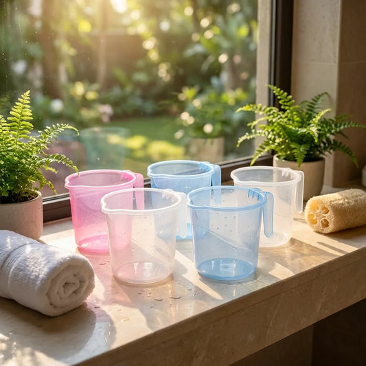 Transparent multi-use water mugs in pink, blue, and clear, stackable cups