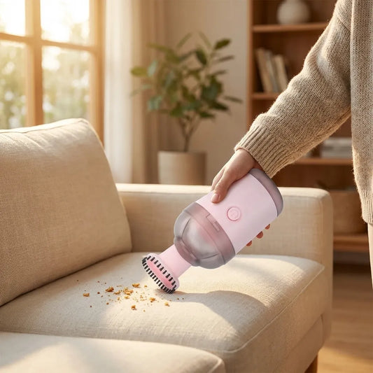 Mini handheld vacuum cleaner with pink body and rotating brush head, used on sofa upholstery