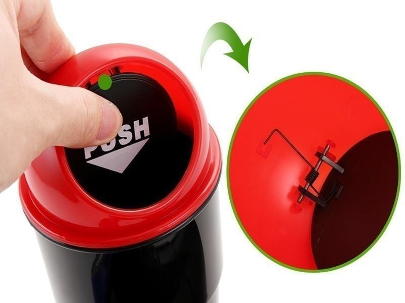 Mini car trash bin with ashtray, red lid and black body, lid open