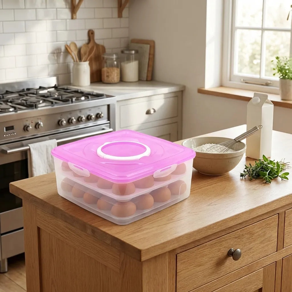 Two-layer egg tray with lid, pink top and clear plastic container