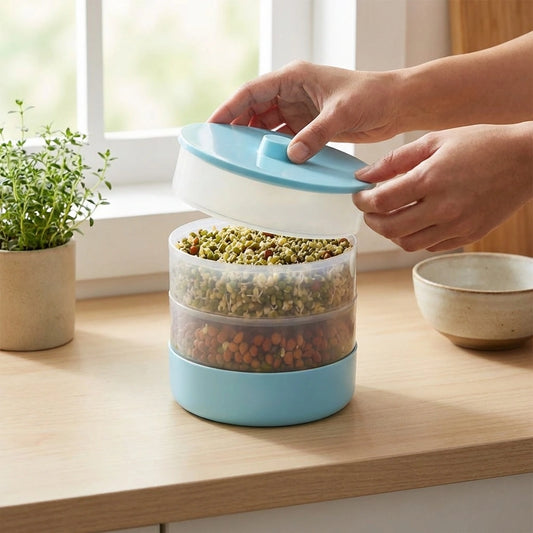 Home sprout maker container with blue lid placed on stacked clear chambers
