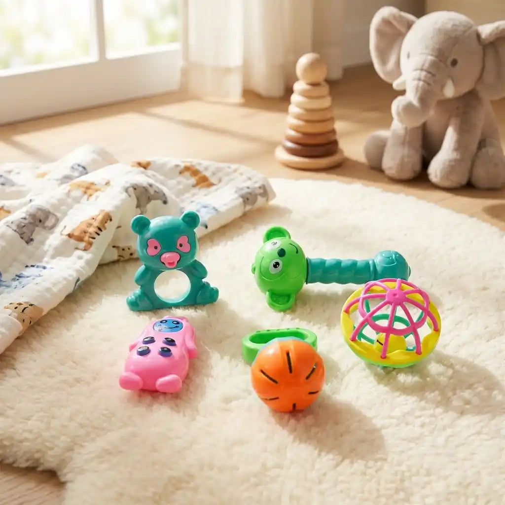 Baby rattle set on rug: teal bear ring, green worm, pink turtle, orange ball, rainbow sphere