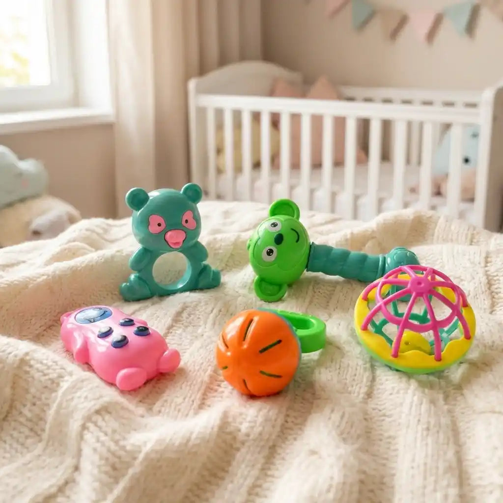 Baby rattle set on bed: teal bear, green worm rattle, orange ball, pink turtle, rainbow sphere