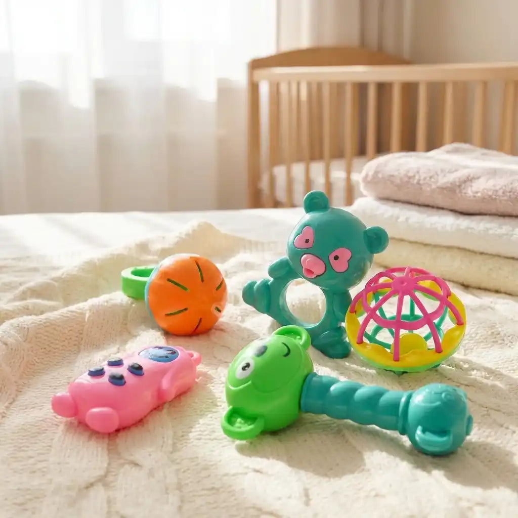 Baby rattle set with teal bear figure, green worm, pink turtle, orange ball and rainbow sphere