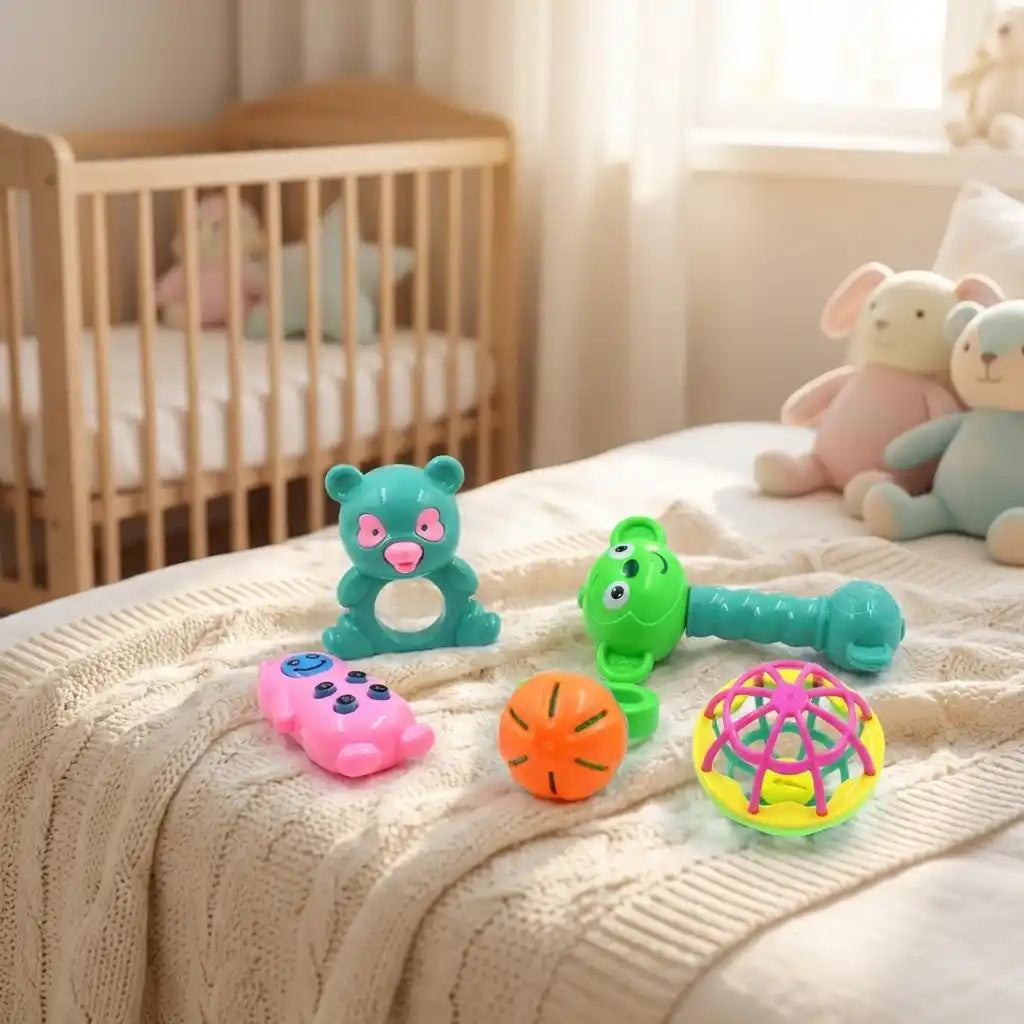 Baby rattle set on blanket: teal bear, green worm, orange ball, pink turtle, rainbow ball