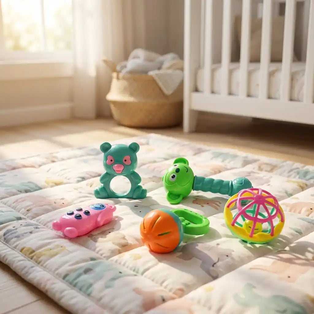 Baby rattle toys on quilt: teal bear ring, green bug, pink turtle, orange ball, rainbow sphere