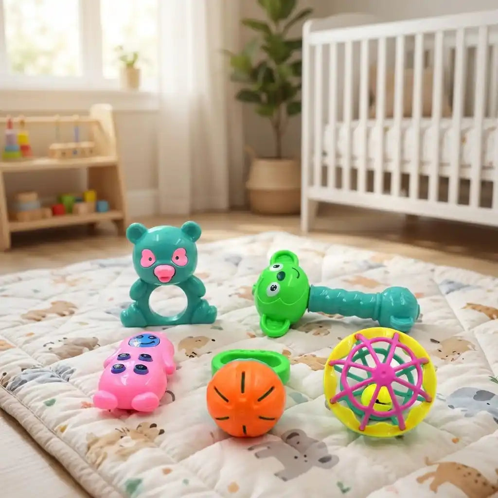 Baby rattle set on playmat: teal bear, green worm, orange ball, pink turtle, rainbow sphere