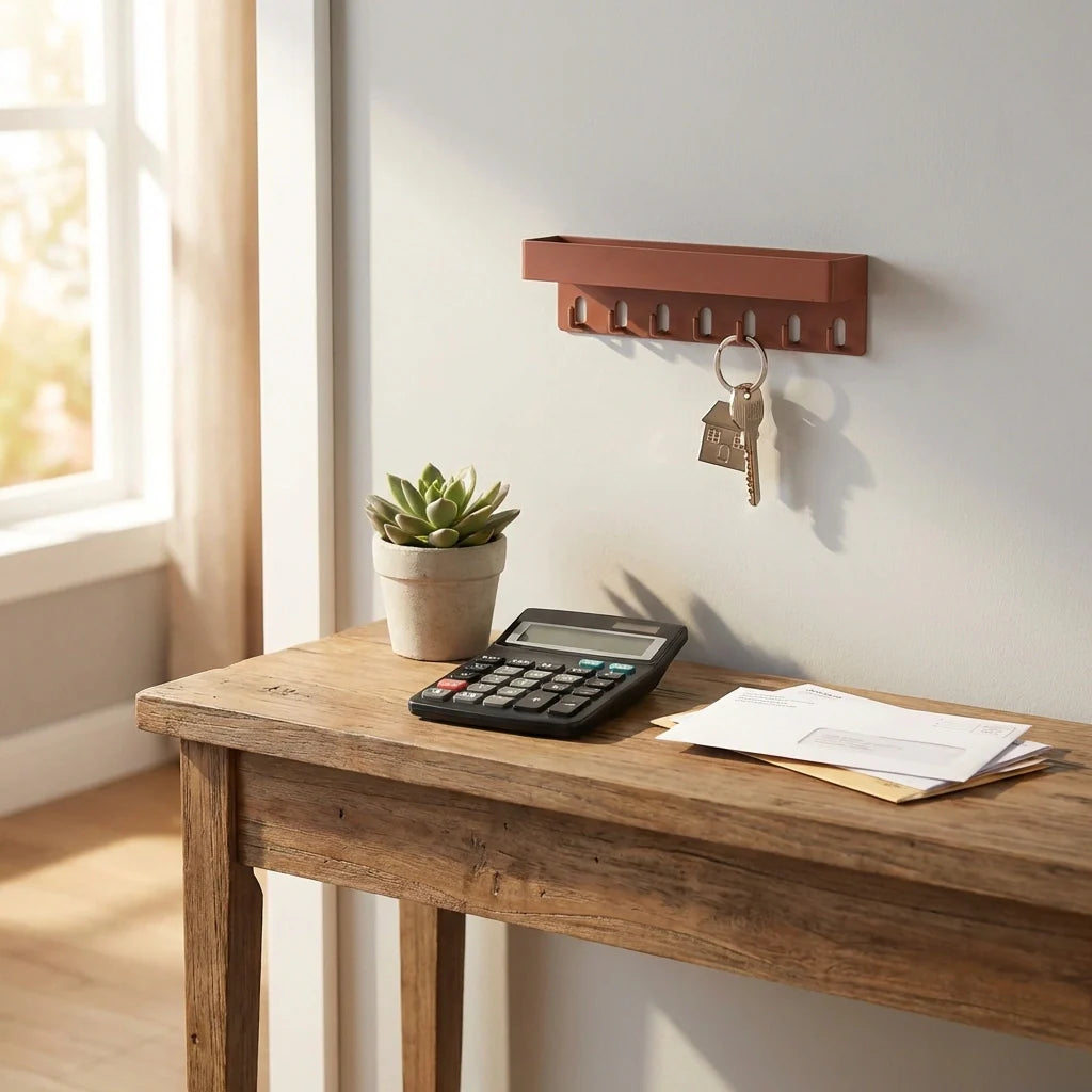 6-hook wall key holder with two keys hanging from dark wooden hooks