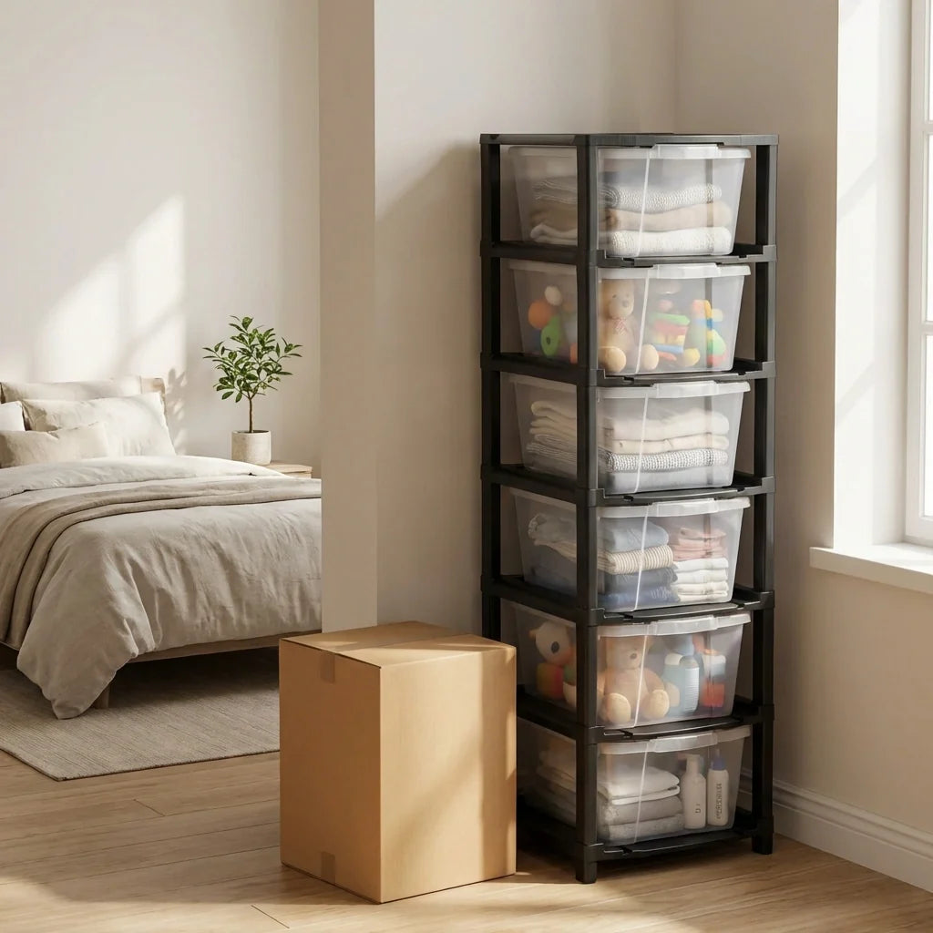 6-layer transparent drawer organizer with stacked clear bins and black frame