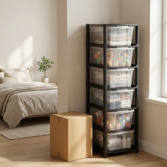 6-layer transparent drawer organizer with stacked clear bins and black frame